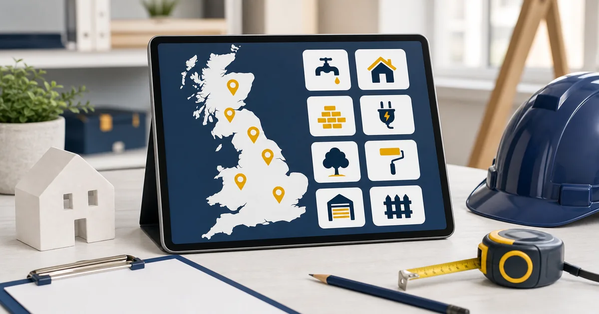 UK map with location pins and trade category icons