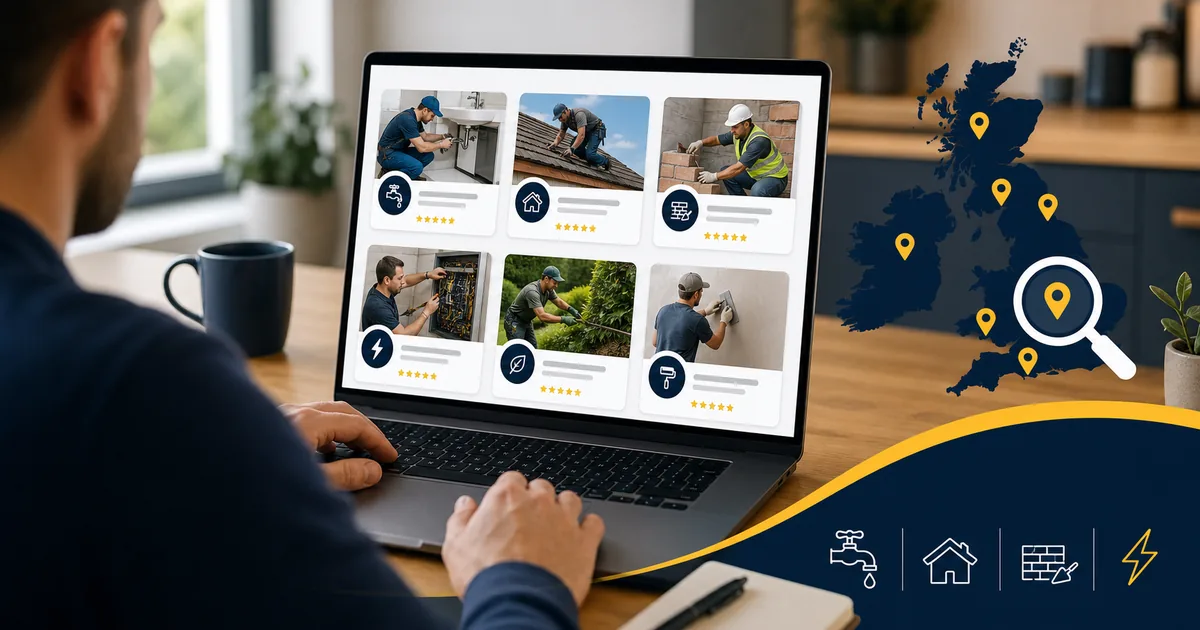 UK tradesmen directory search with trade and location cards