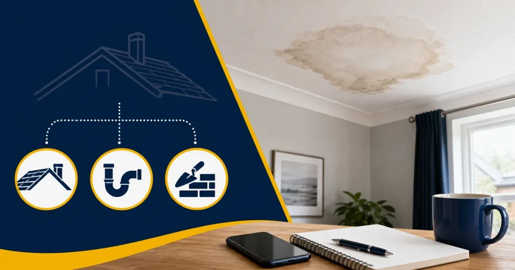 Damp patch on ceiling guide showing roof plumber and builder decision cues