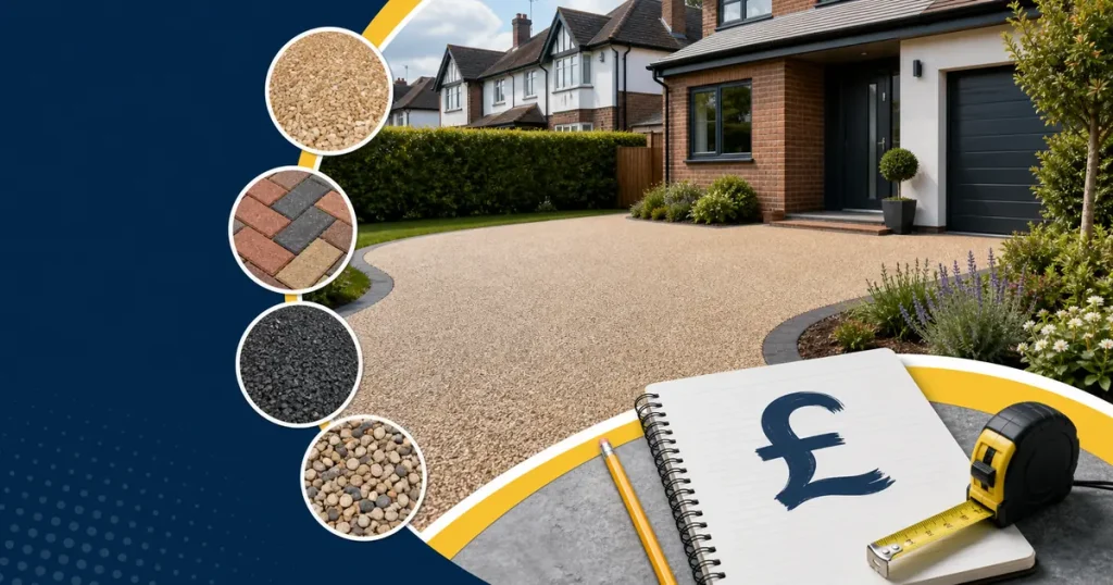 Driveway cost UK guide showing surface options and measuring tools