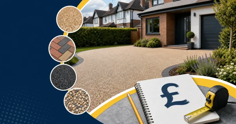 Driveway cost UK guide showing surface options and measuring tools